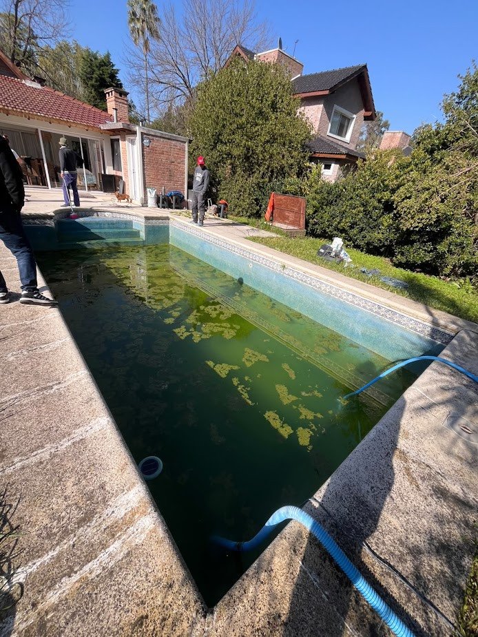 Antes: pileta con agua verde por algas
